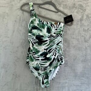 NWT Nip Tuck Swim One Shoulder Tropical Palm Print Swimsuit Green NN1032COG US 6